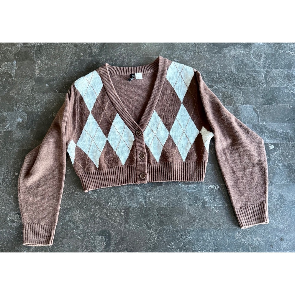 H&M Divided Size Small Crop Argyle Cardigan Sweater Brown Preppy Academia Retro
